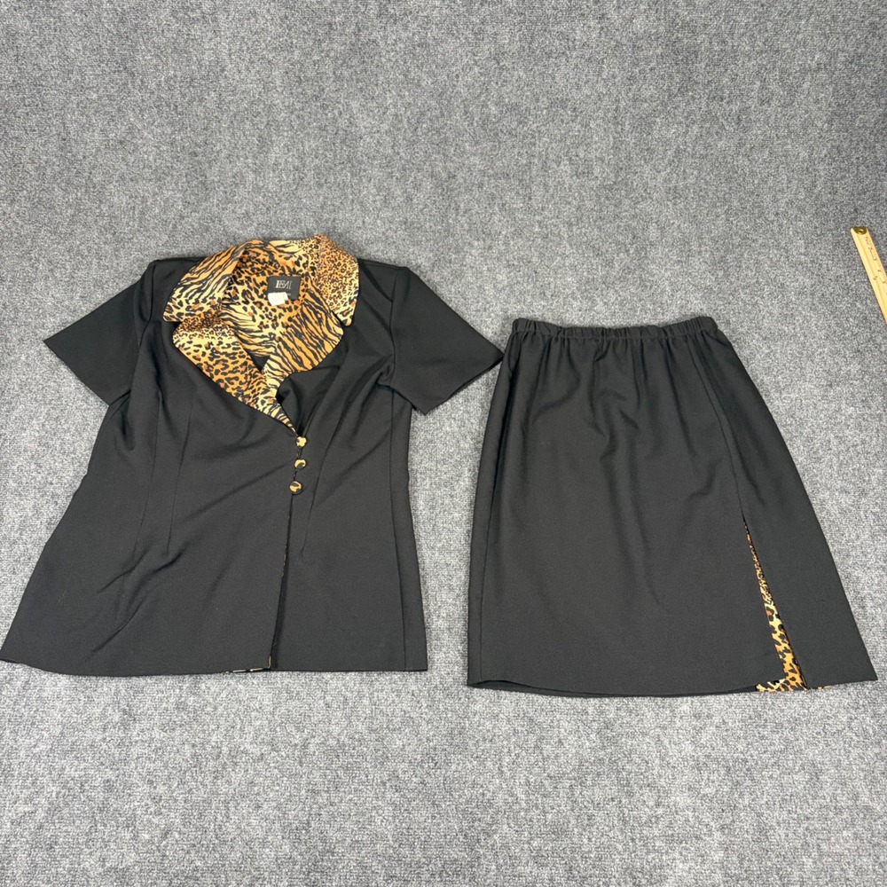 Vintage E. Morgan 2 Piece Skirt Set Black Animal Print Leopard Tiger Size 12